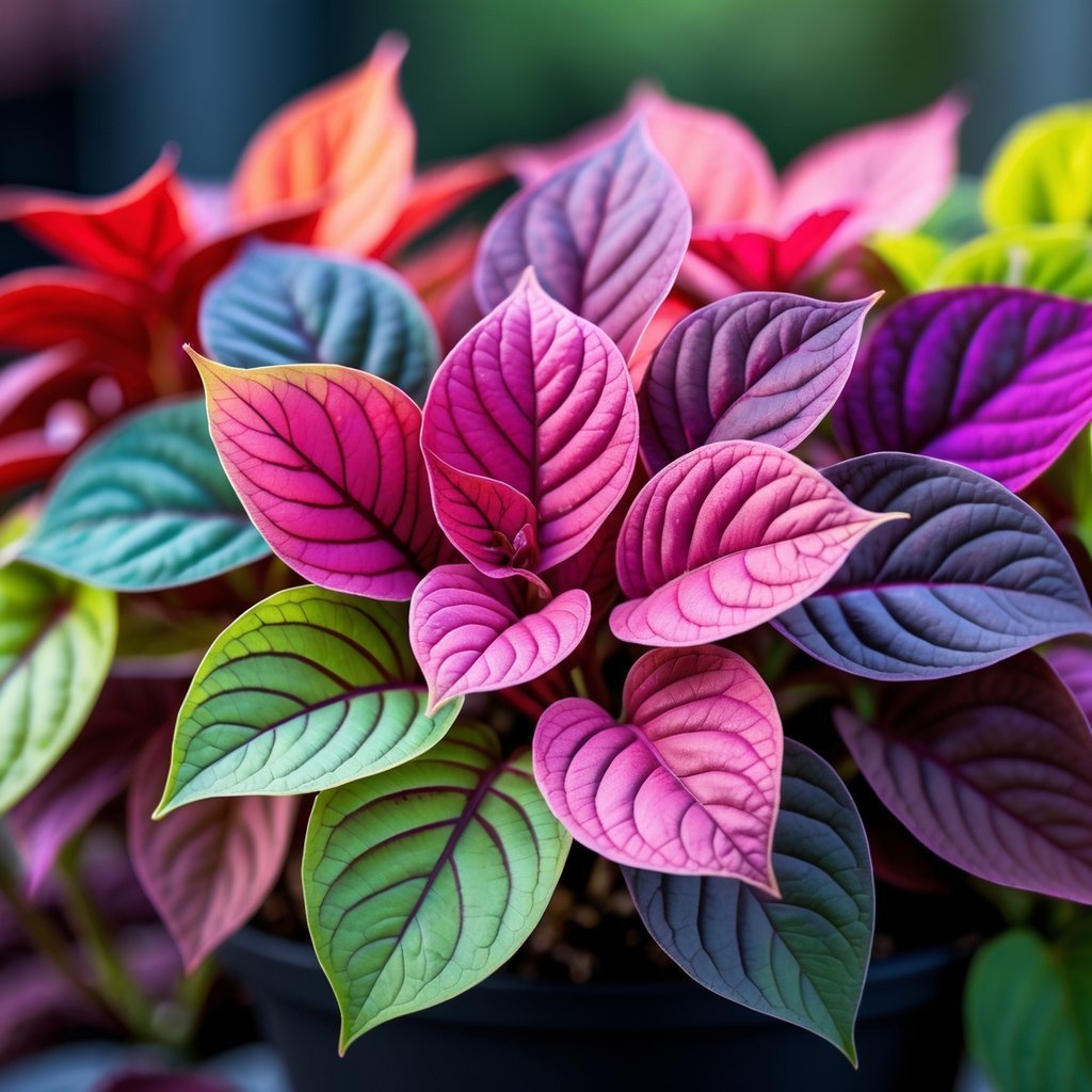 Close-up of colorful coleus leaves showing a range of colors from red and pink to green and yellow under natural light.