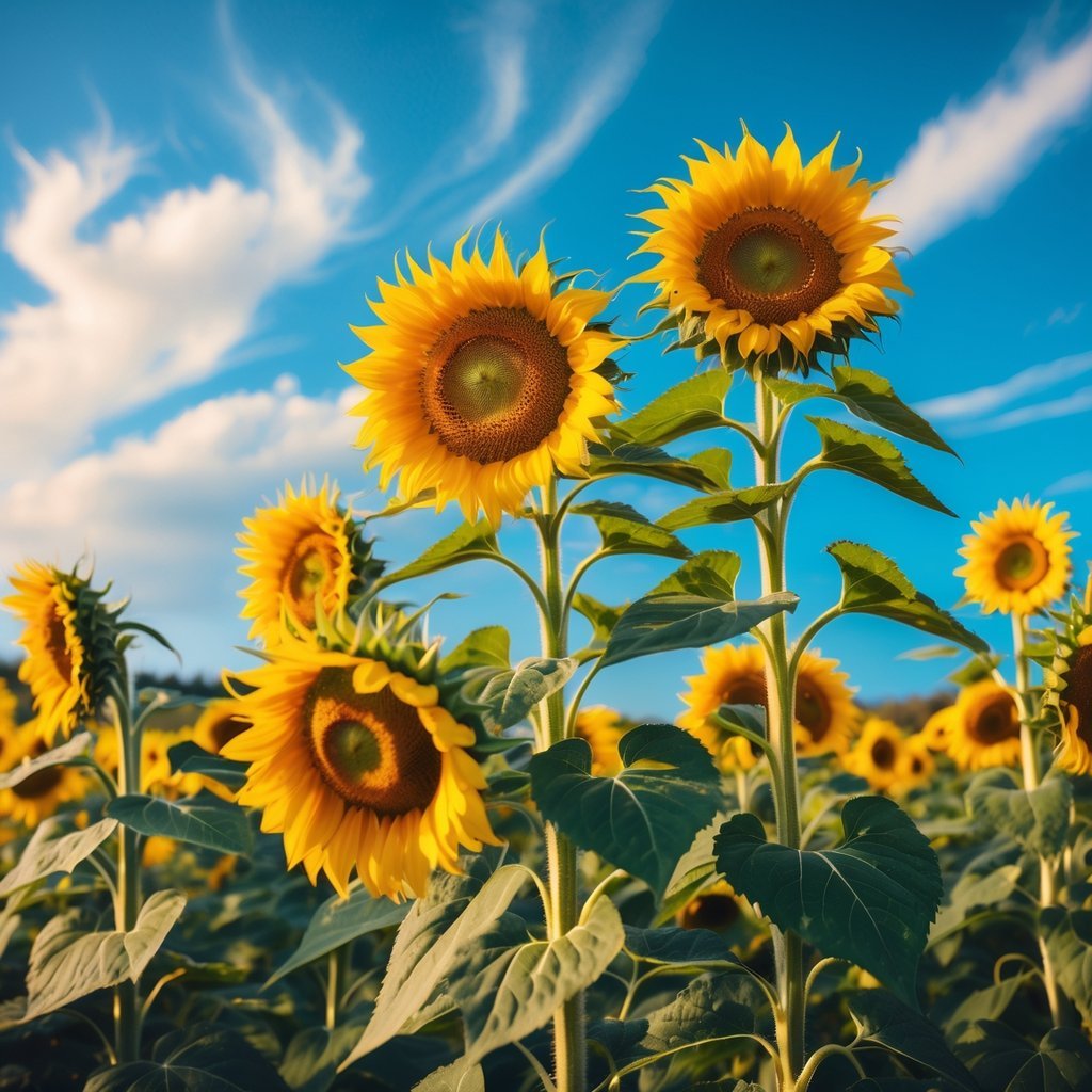 A close-up view of bright yellow sunflowers in a field under a blue sky with soft clouds.