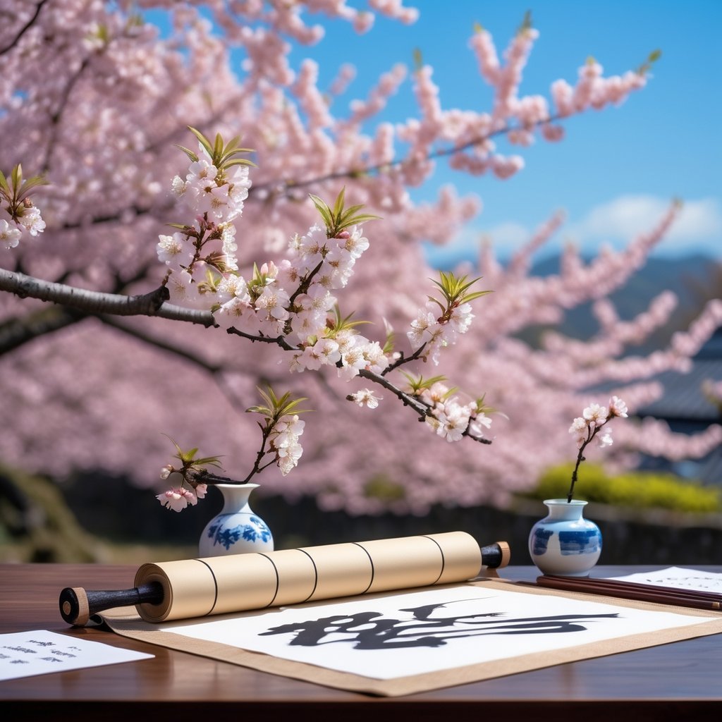 Close-up of cherry blossoms on tree branches with traditional Japanese calligraphy tools and an open scroll on a wooden table.