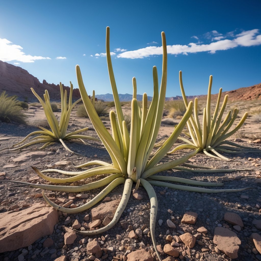 Seven Welwitschia mirabilis plants growing in a dry, rocky desert landscape under a clear blue sky.