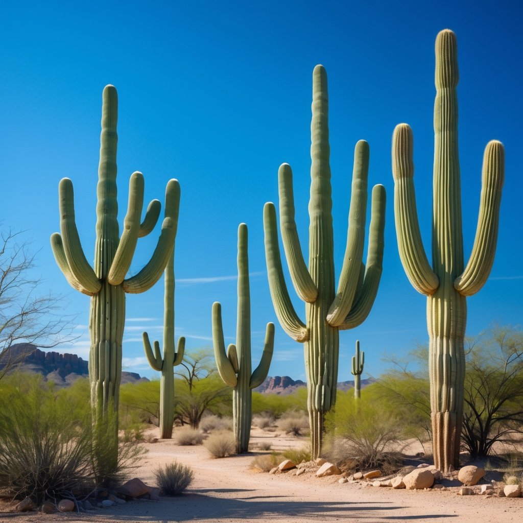 Seven tall saguaro cactus plants growing in a dry desert landscape under a clear blue sky.