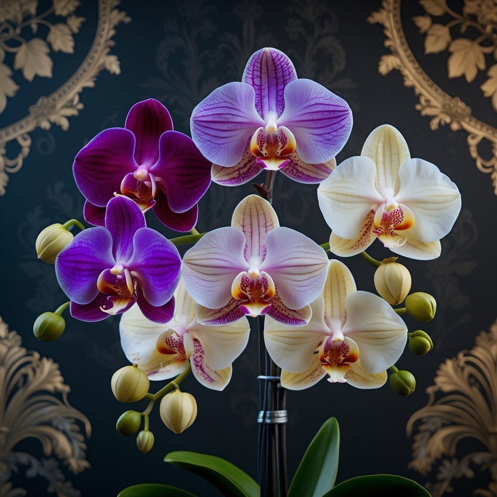 A close-up of six colorful orchids arranged elegantly against a dark floral patterned background.