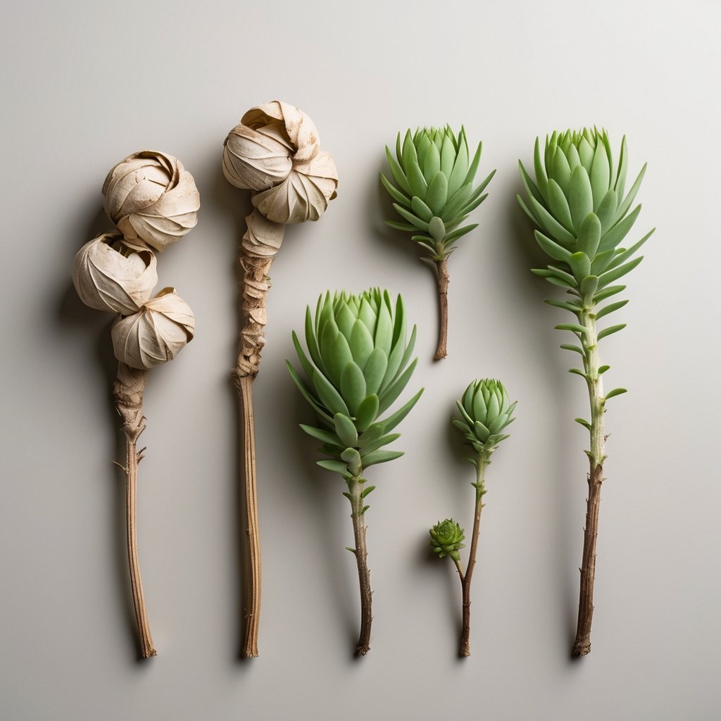 Seven Resurrection Plants in different stages of revival, displayed on a light background.