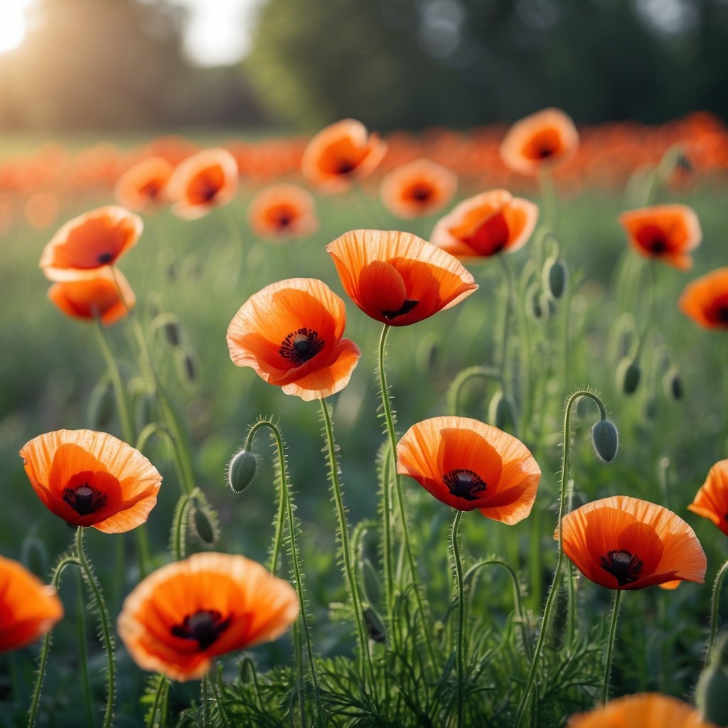 Close-up of bright red poppies in a sunlit field with green stems and leaves.