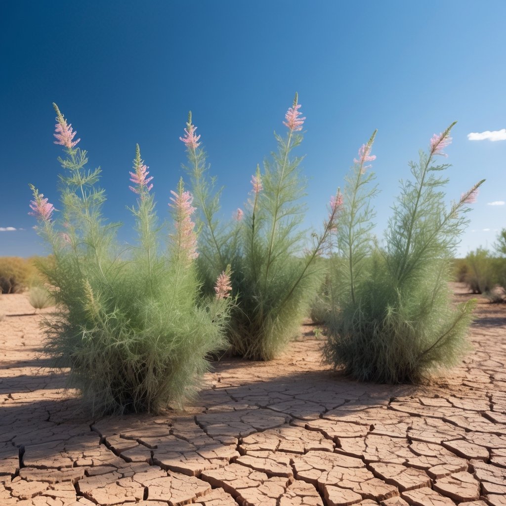 Seven healthy tamarisk plants growing in a dry, cracked desert landscape under a clear blue sky.