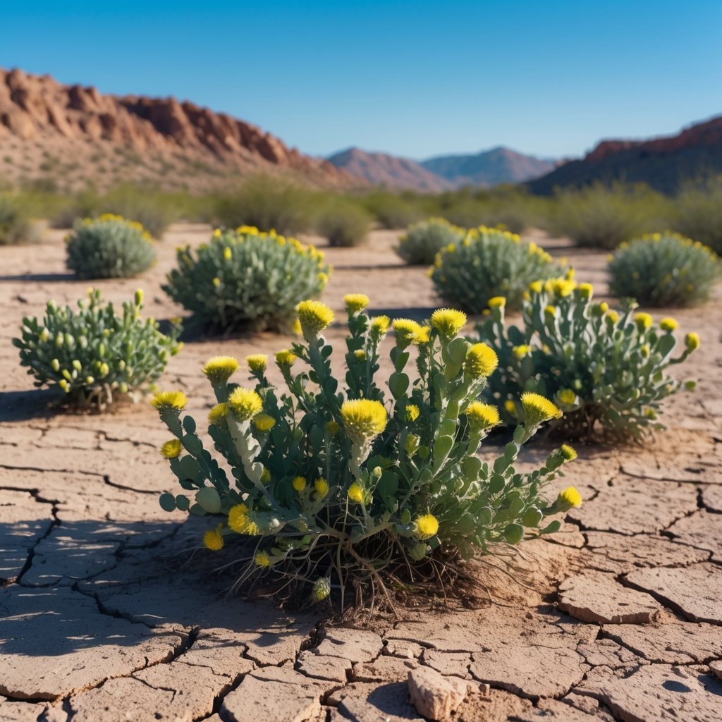 Seven creosote bush plants growing in a dry desert landscape with rocky ground and distant hills under a clear blue sky.