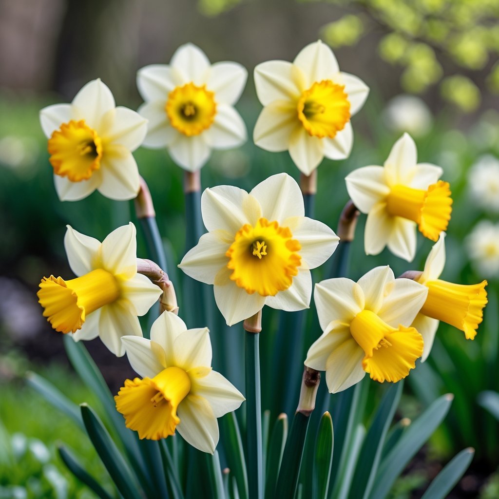 Nine bright yellow daffodil flowers blooming in a green garden with soft sunlight.