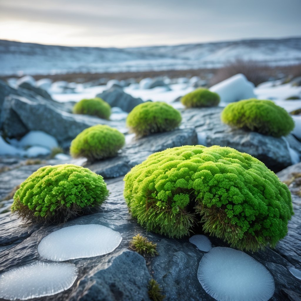 Close-up of seven green Arctic moss plants growing on frost-covered rocks in a snowy tundra landscape.