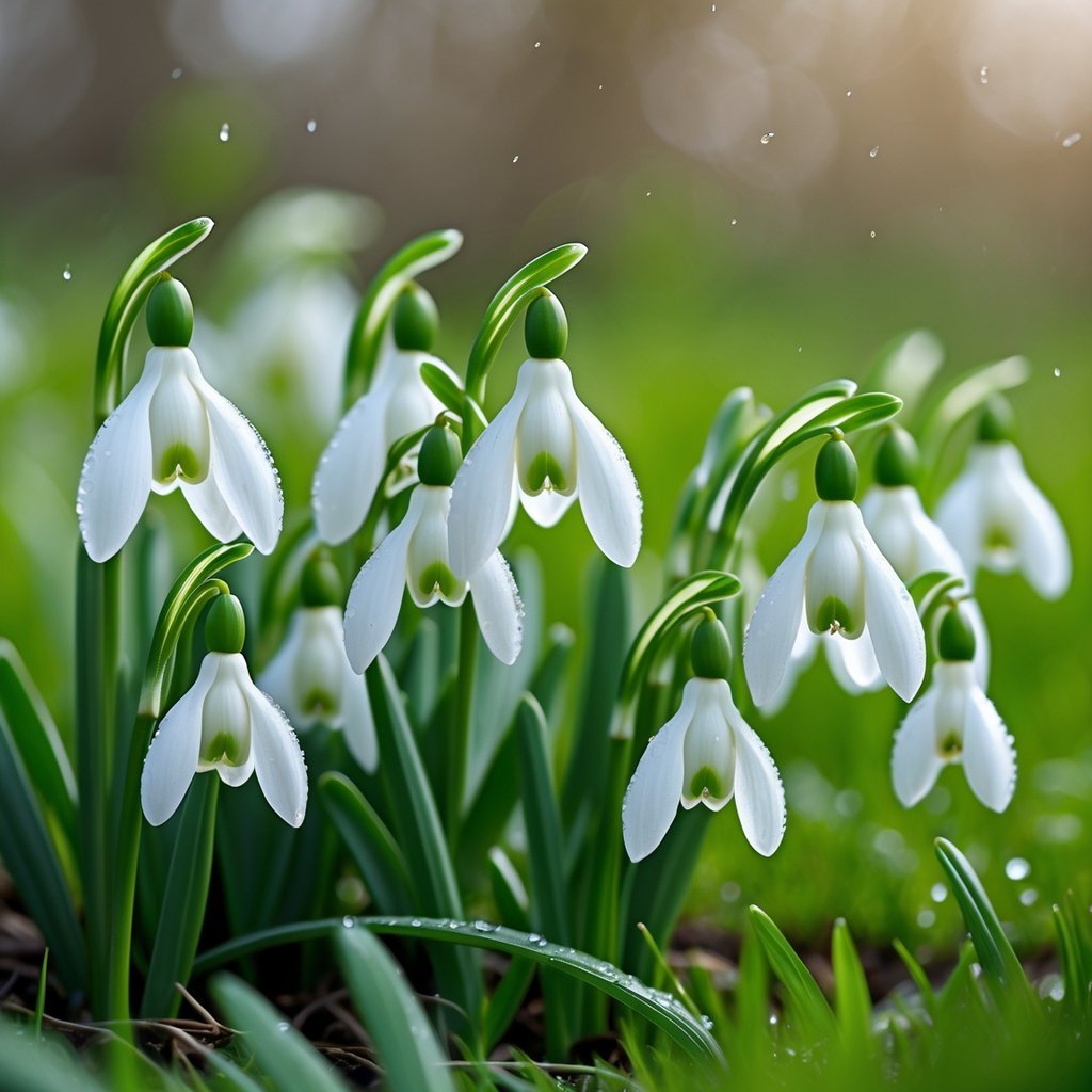 Nine white snowdrop flowers growing among green grass with dewdrops, symbolizing hope and renewal.