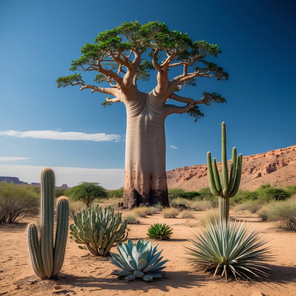 A baobab tree surrounded by six other hardy desert plants growing in a dry, arid landscape under a clear sky.