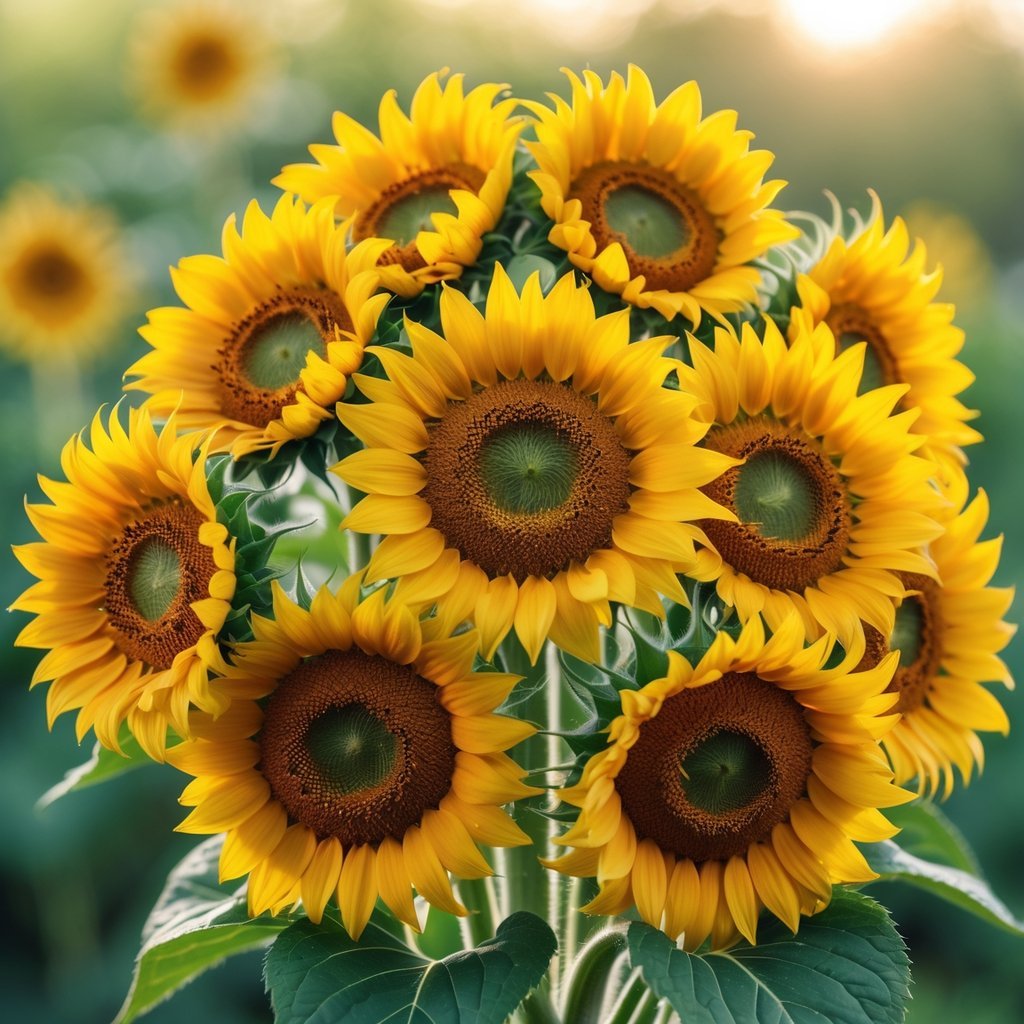 A close-up of nine bright yellow sunflowers with dark centers against a soft green background.
