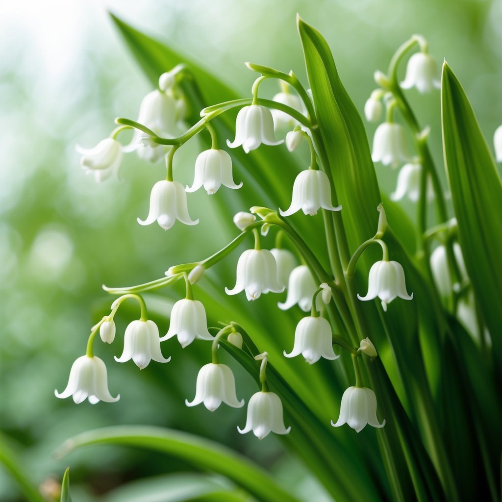 Close-up of white Lily of the Valley flowers with green stems against a blurred natural background.