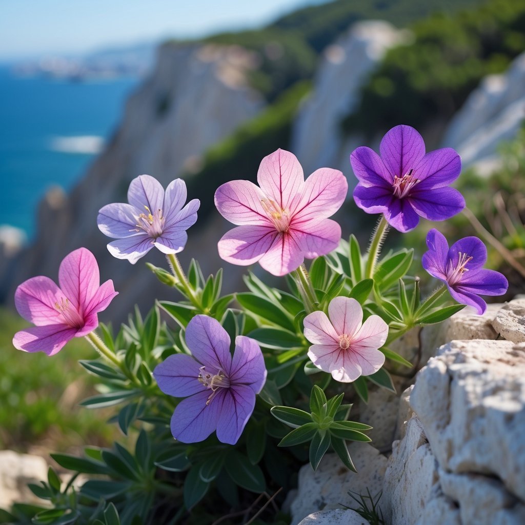 Seven pink and purple Gibraltar campion flowers growing among green leaves and rocky terrain near coastal cliffs.