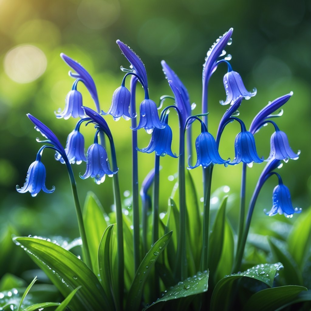 Nine bluebell flowers with green leaves against a blurred natural background.