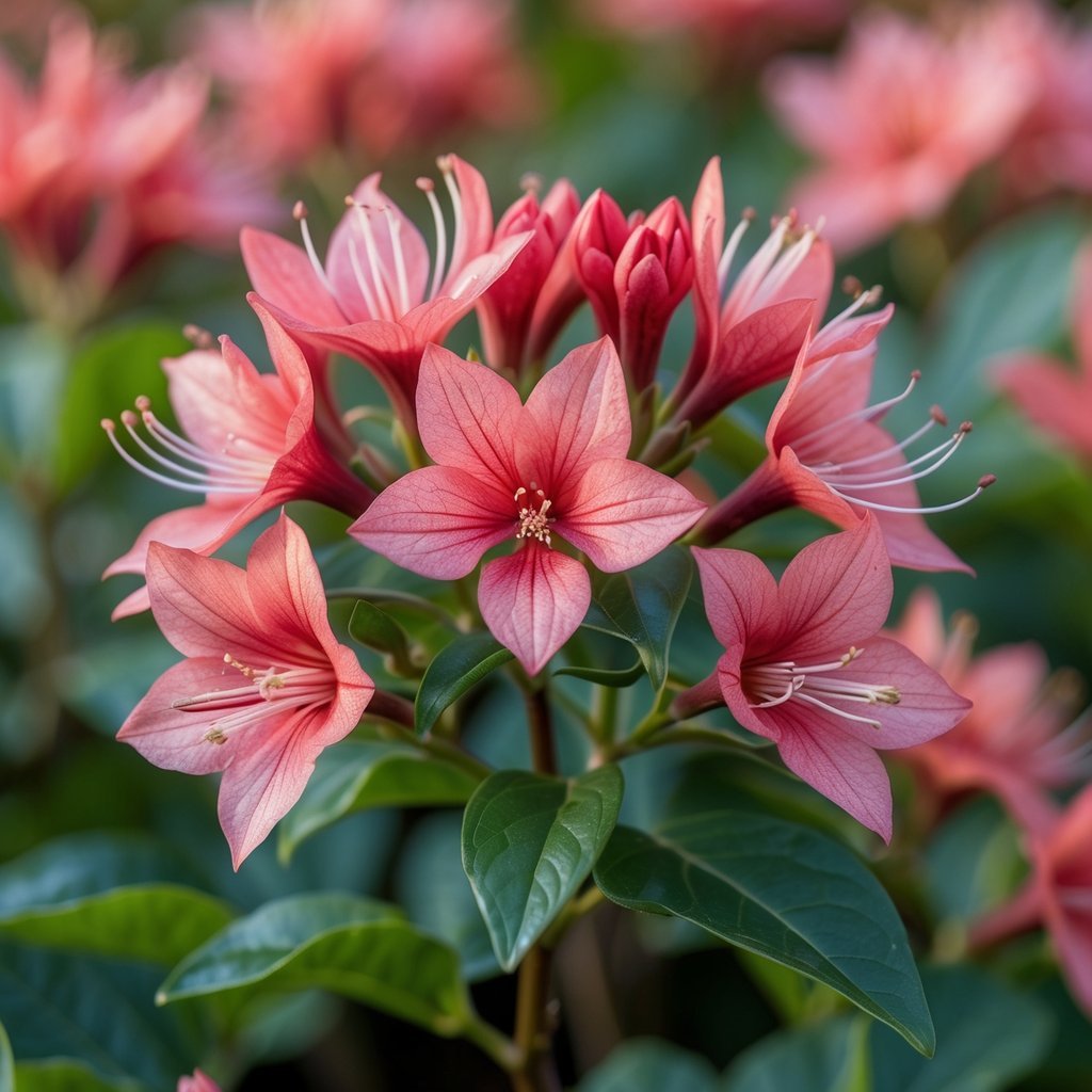 Close-up of vibrant pinkish-red Middlemist's Red flowers with green leaves against a blurred background.