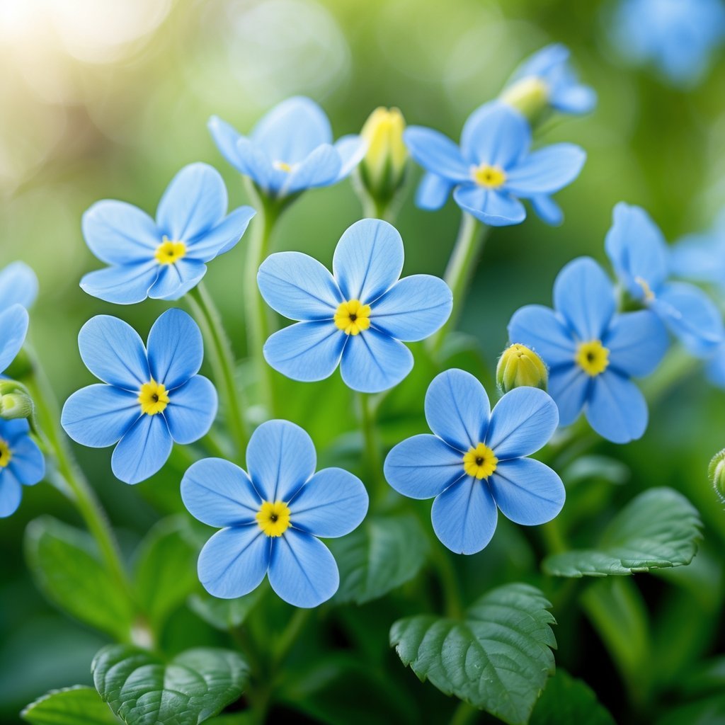 Nine blue forget-me-not flowers with yellow centers against a blurred green background.