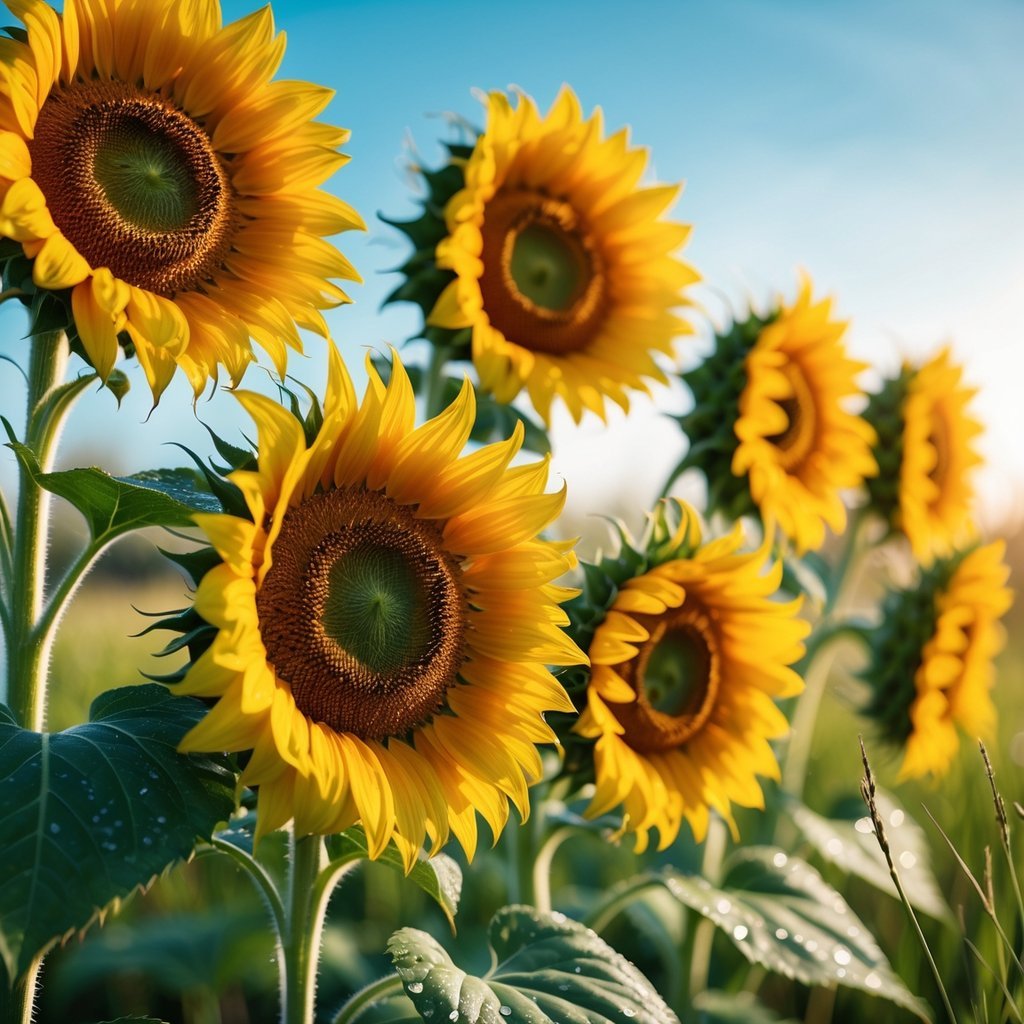 Seven bright sunflowers blooming in a green meadow under a clear blue sky.