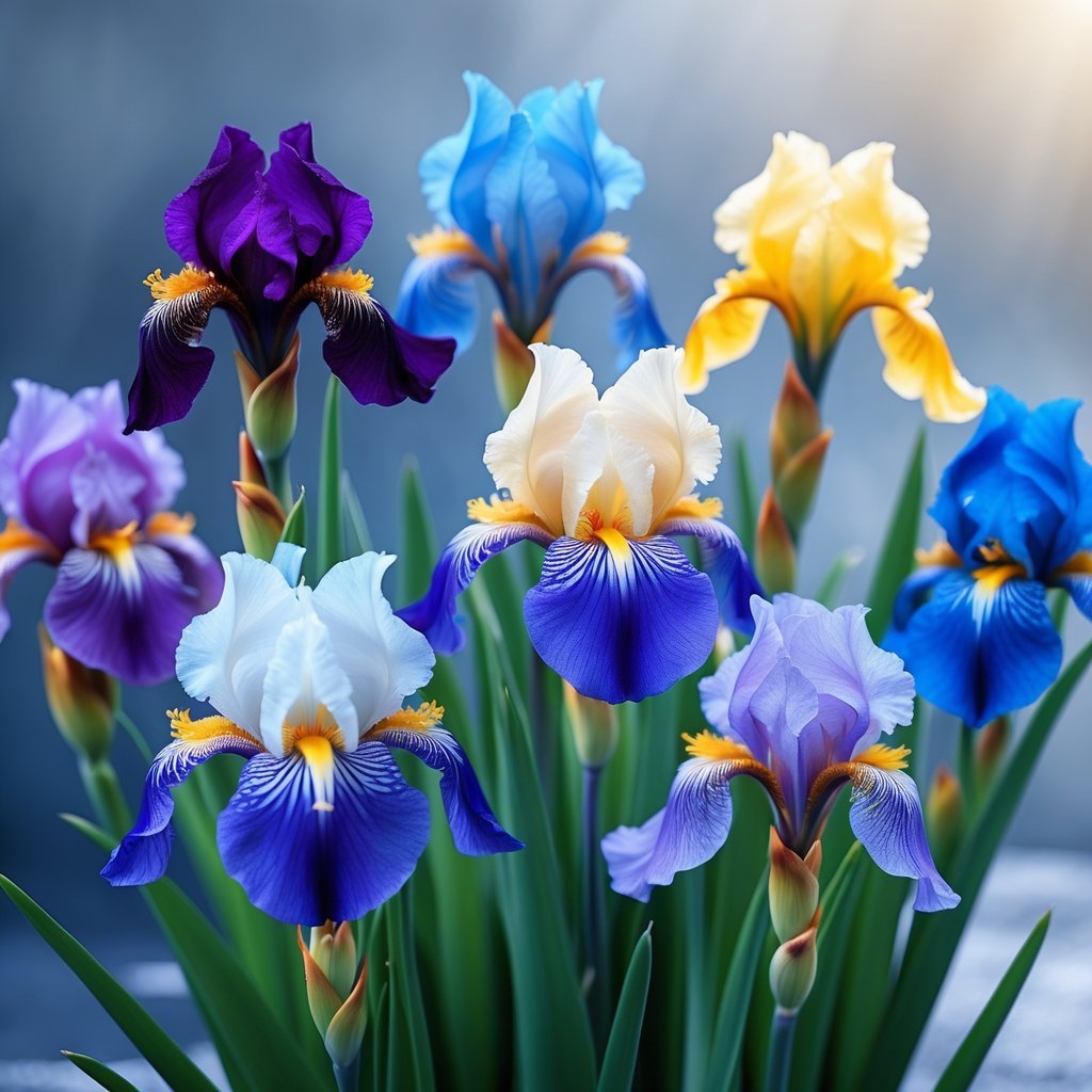 Nine colorful iris flowers blooming together with soft natural light and a blurred background.