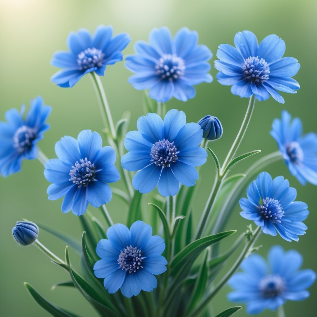 Nine bright blue cornflower blossoms arranged closely together with a green blurred background.