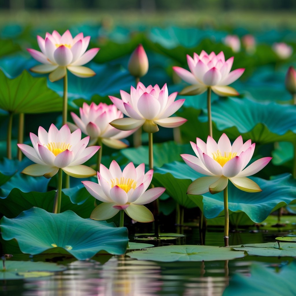 Seven American Lotus flowers blooming with pink and white petals and large green leaves on calm water in a wetland.