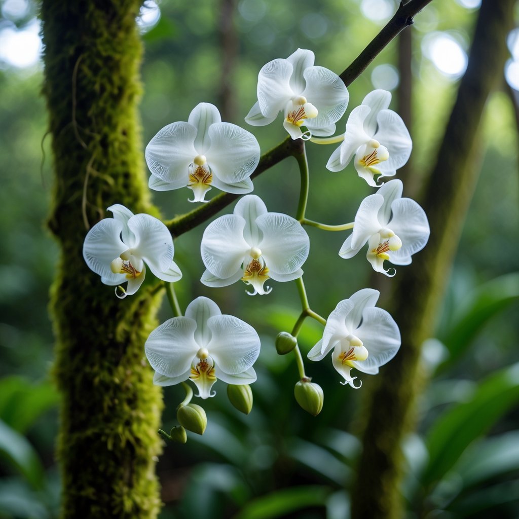 Seven white ghost orchid flowers growing on a mossy tree branch in a green tropical forest.