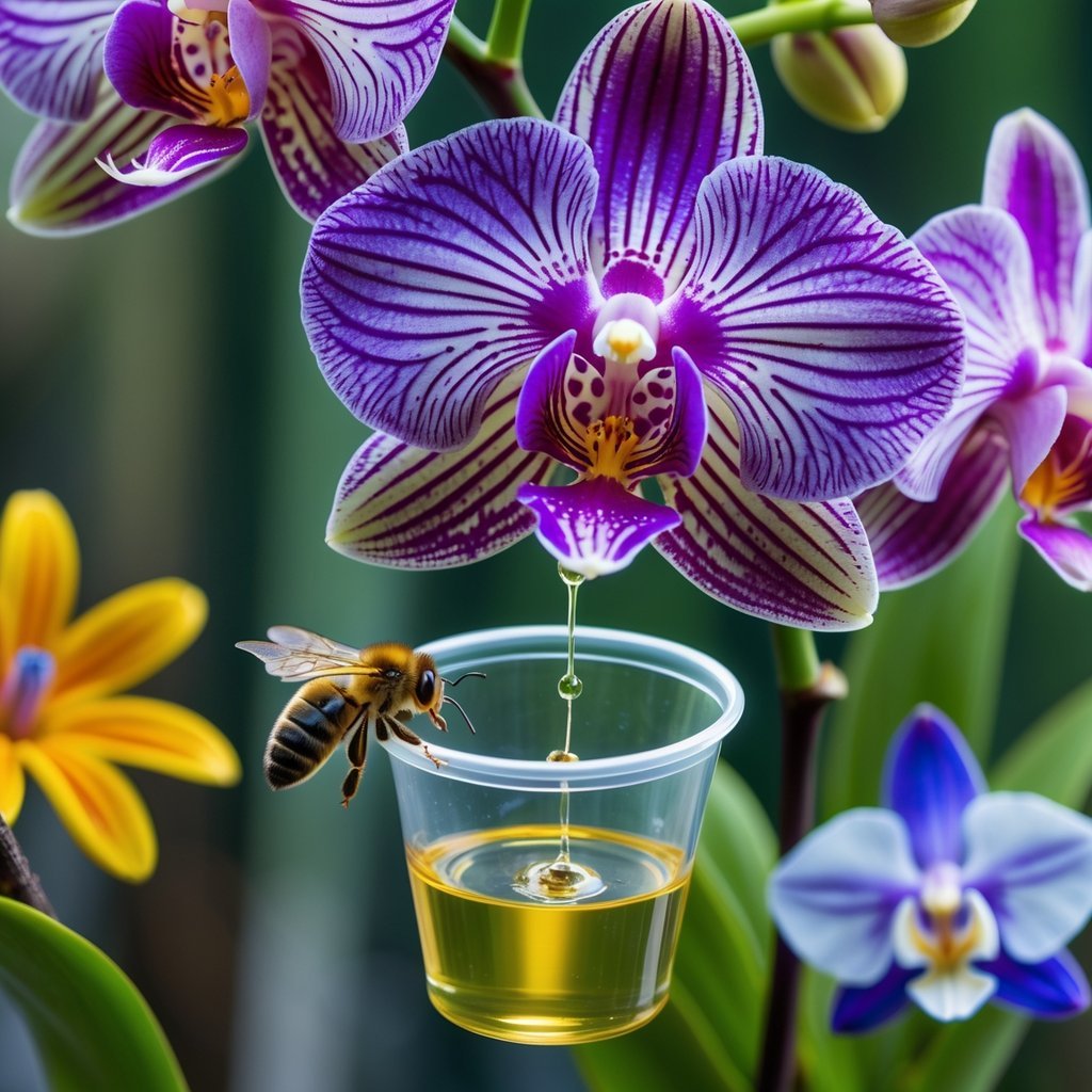 Close-up of a Bucket Orchid flower with a bee falling into its pollen-trapping bucket, surrounded by four other unusual flowers.