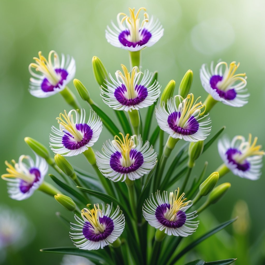 Nine colorful Passiflora flowers with purple and white petals and yellow stamens against a green background.