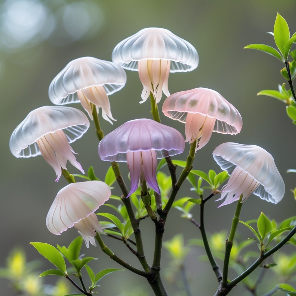 Close-up of seven delicate Jellyfish Tree flowers with translucent pale pink and white petals on green branches.