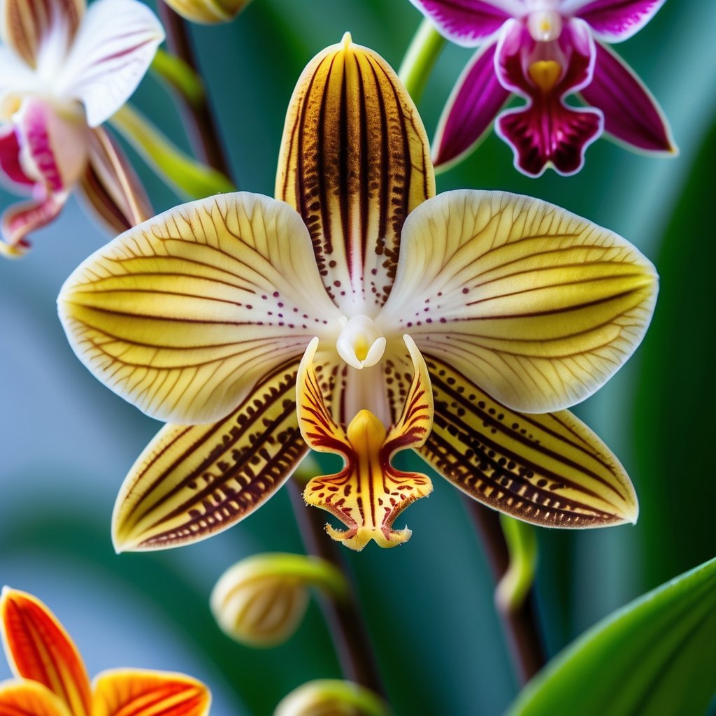 Close-up of a Mirror Orchid flower resembling a female wasp, surrounded by four other unusual flowers with unique shapes and colors against a blurred green background.