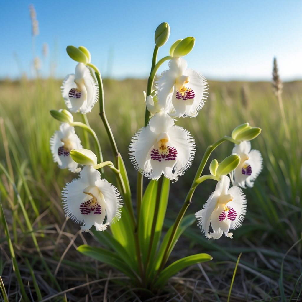 Seven Western Prairie Fringed Orchid flowers growing in a sunlit prairie meadow with grasses and wildflowers in the background.