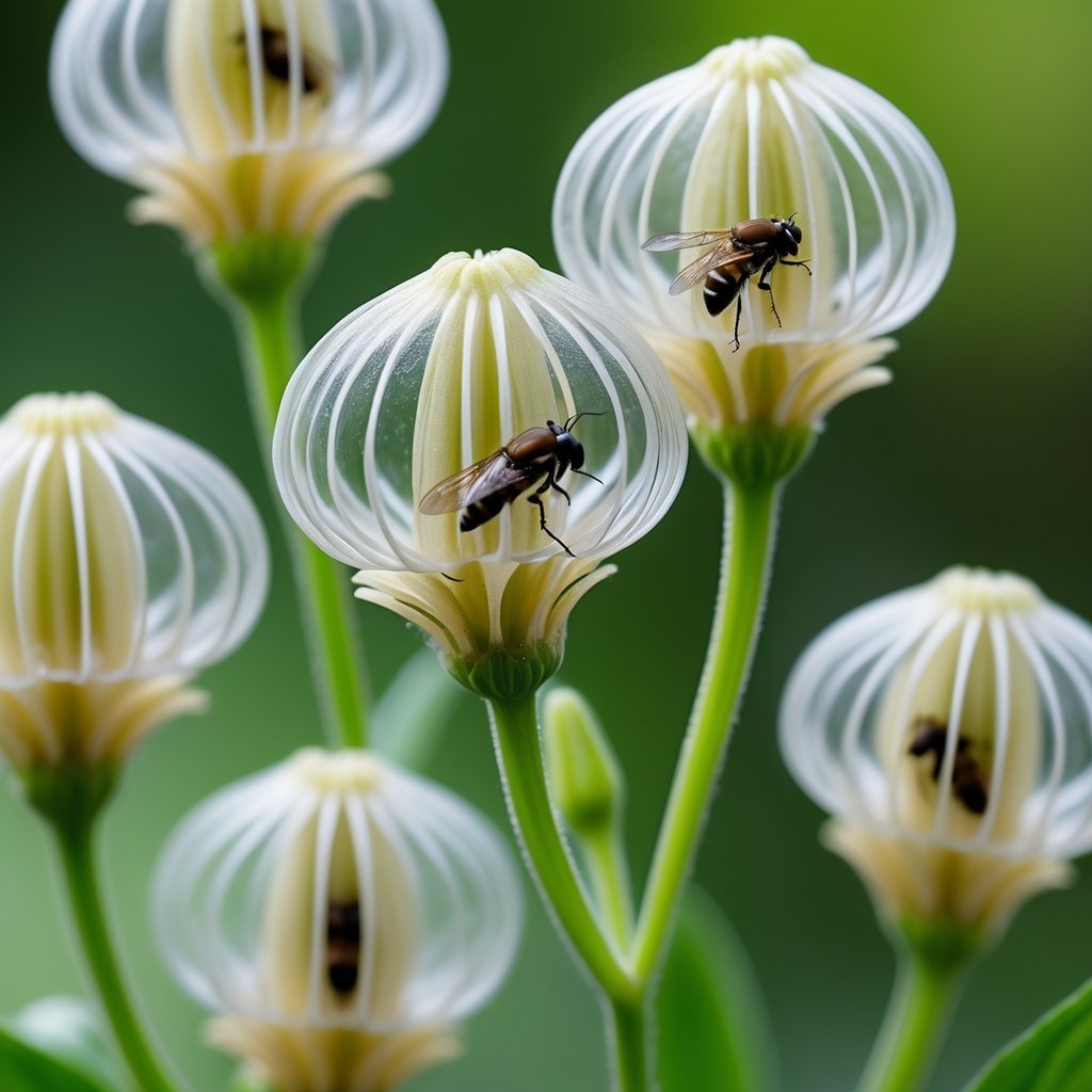 Close-up of five Ceropegia flowers with parachute-like petals trapping small flies among green foliage.