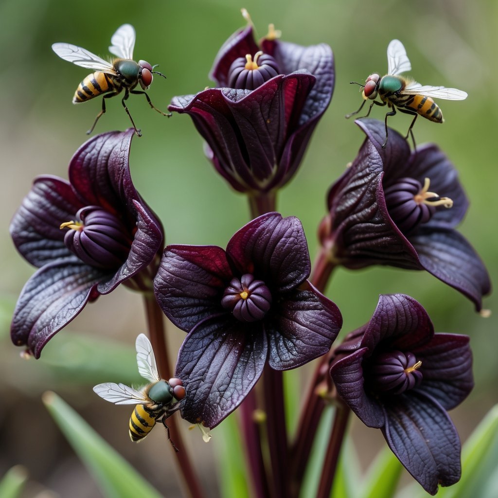 Close-up of five dark maroon carrion flowers with flies attracted to them.