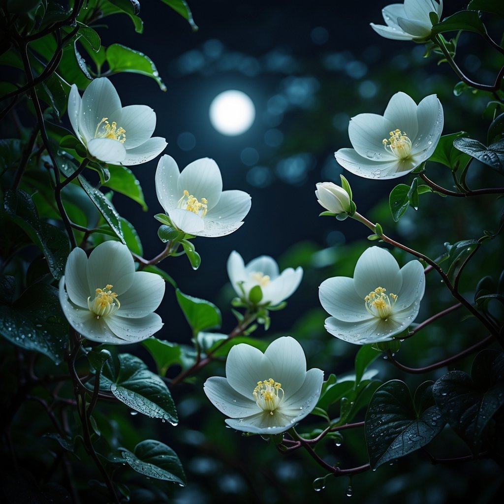 Eight white moonflower blossoms glowing softly at night on green vines with dew drops.