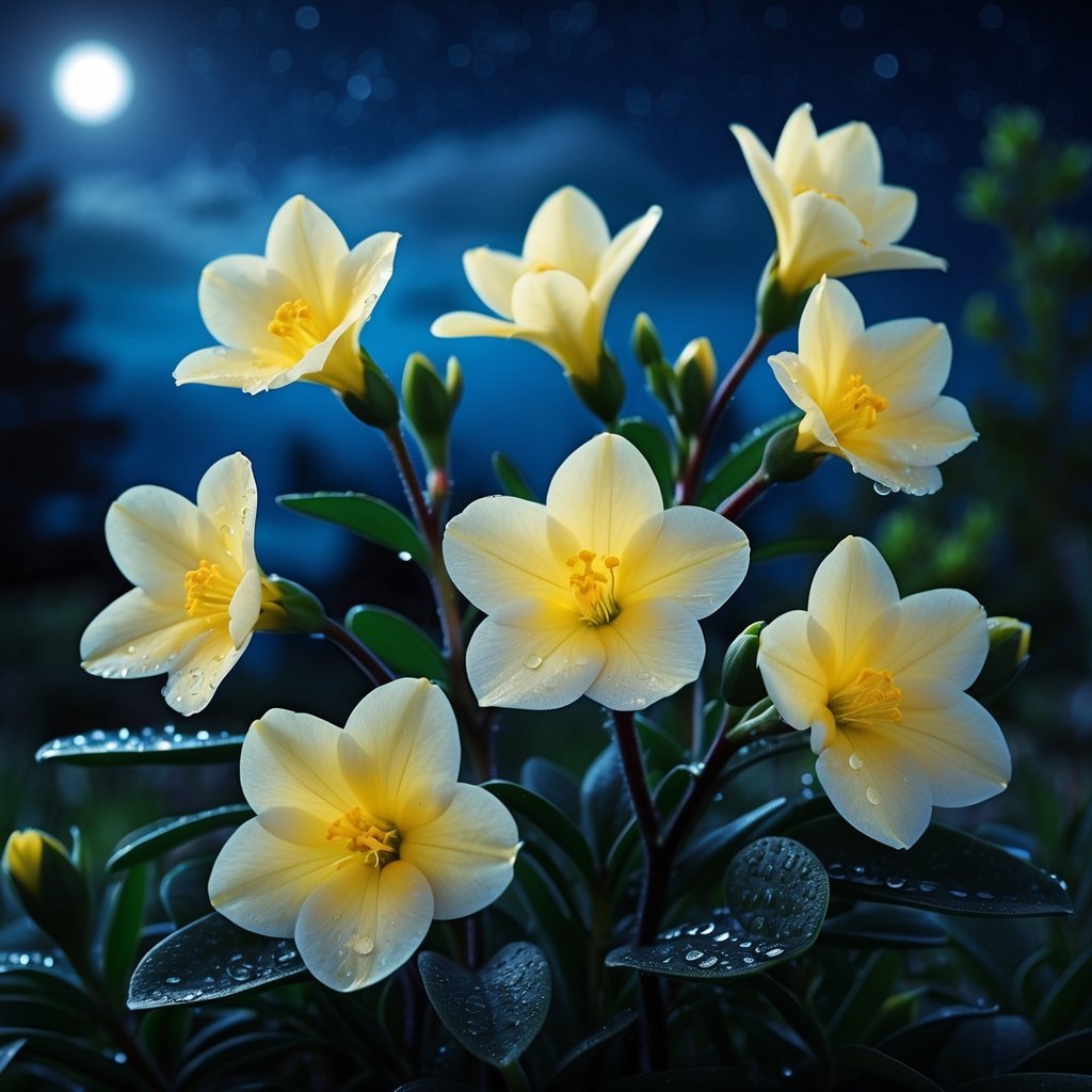 Eight pale yellow evening primrose flowers blooming at night with green leaves and a dark blue starry background.