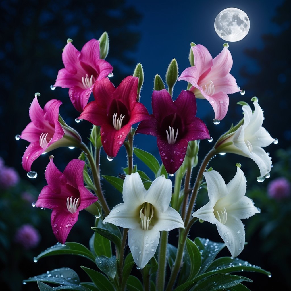 Eight vibrant Four O'Clock flowers blooming at night with dew on their petals against a dark garden background.