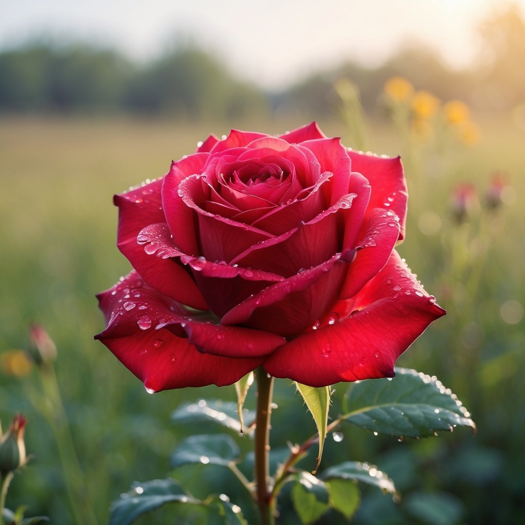 Close-up of a vibrant red rose with dew drops against a blurred sunlit meadow background.