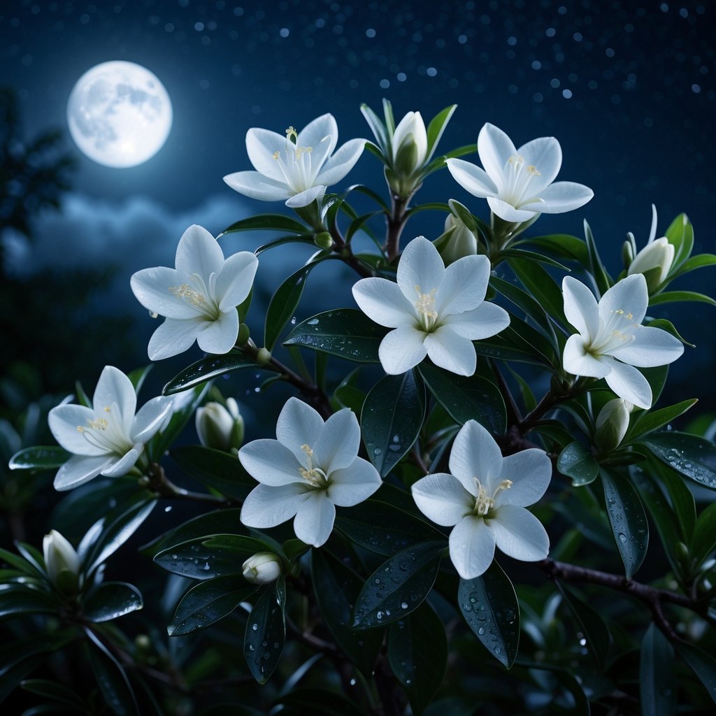 Eight white night-blooming jasmine flowers blooming on dark green branches under a moonlit night sky.