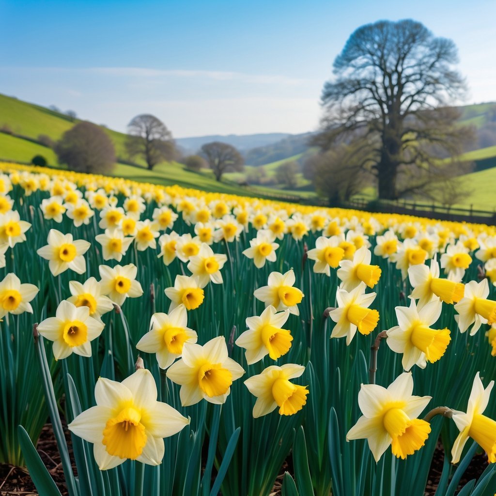 A field of bright yellow daffodils under a clear blue sky with rolling hills in the background.
