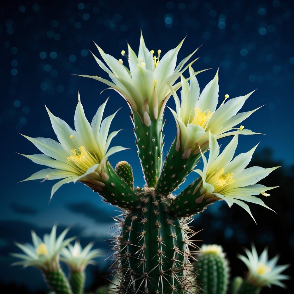 Close-up of a Queen of the Night cactus with several large white flowers blooming at night against a dark sky.
