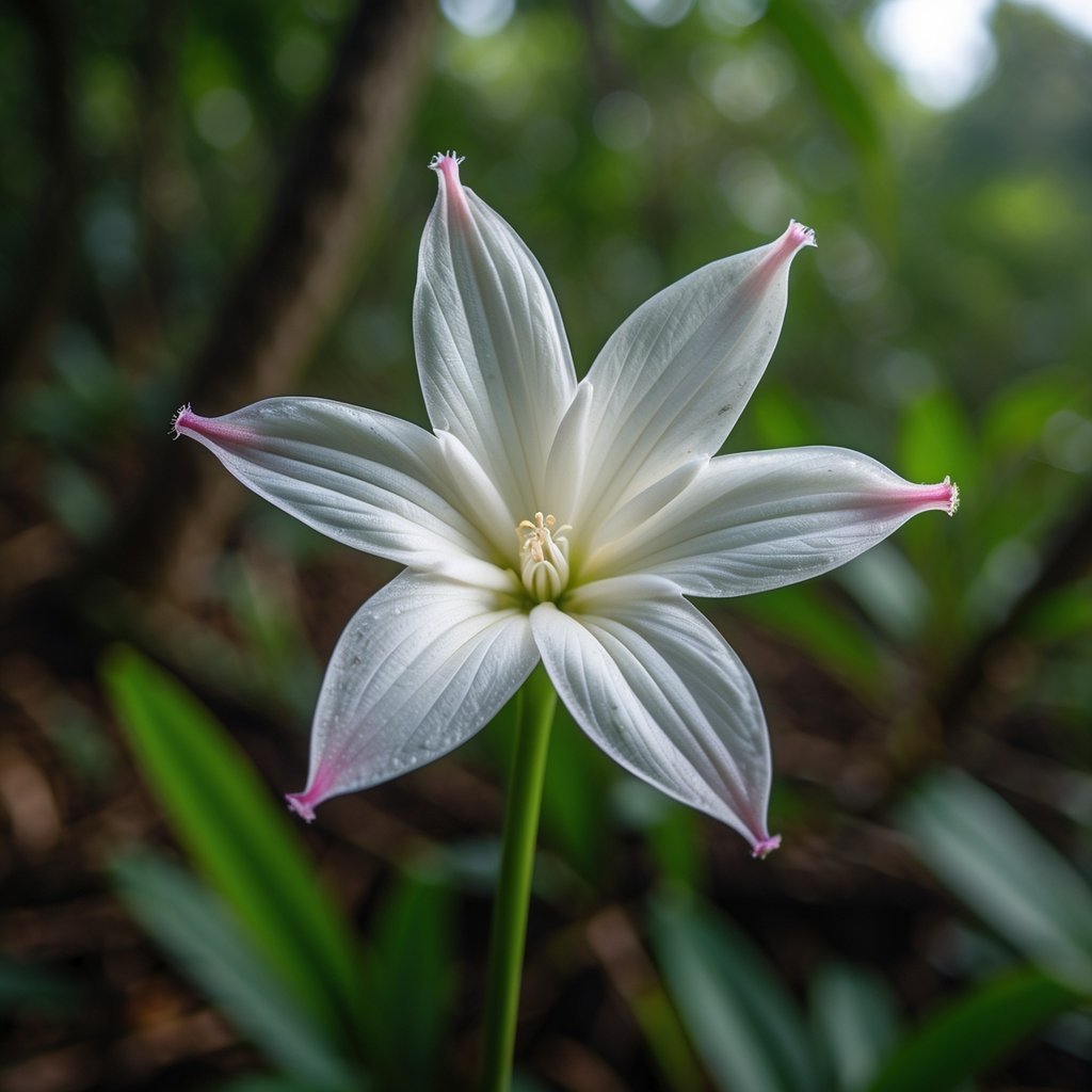 Close-up of a rare Kadupul flower with white star-shaped petals growing in a green natural environment.