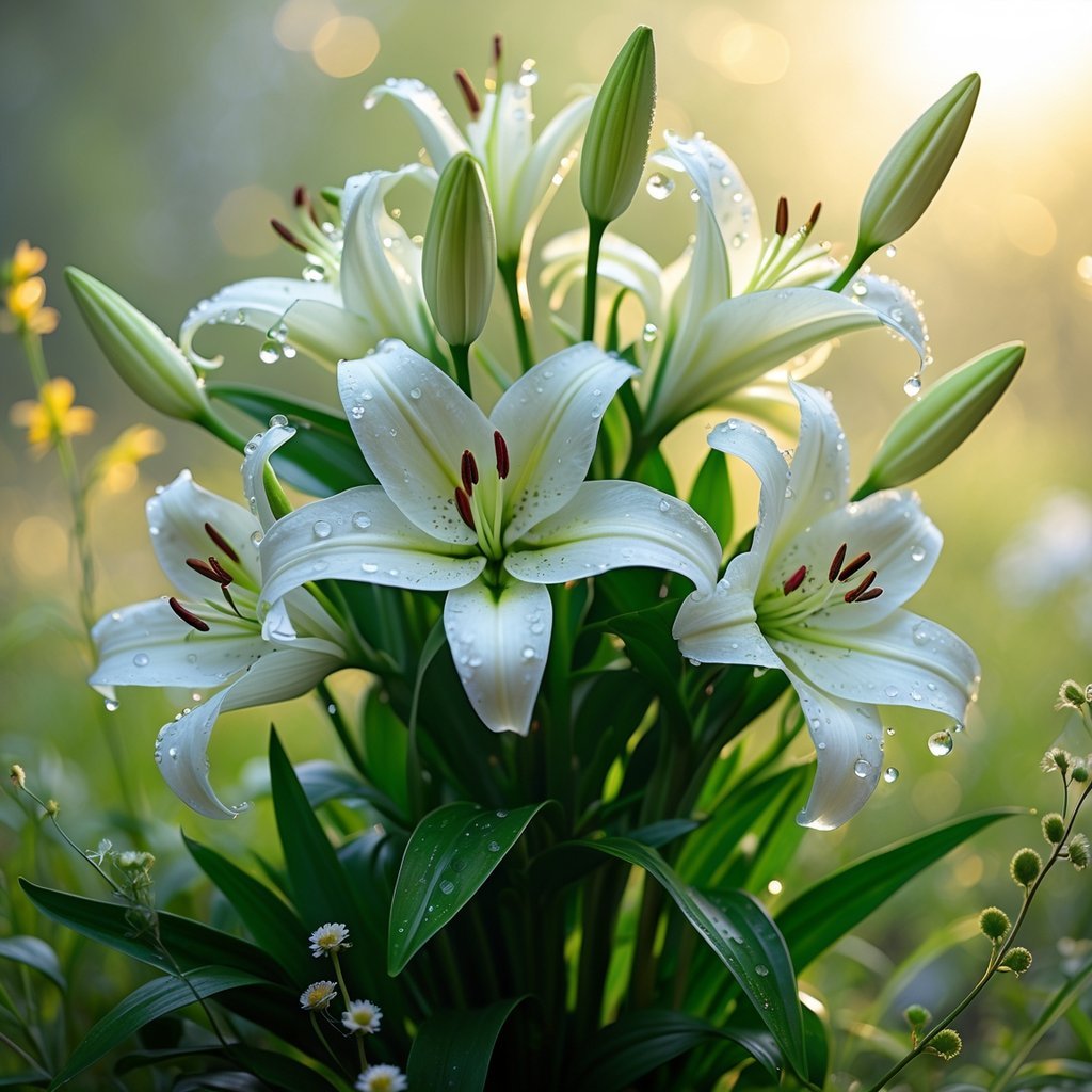 Close-up of fresh white lilies with dew drops surrounded by green leaves and soft sunlight.