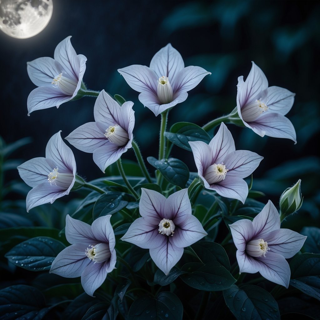 Eight night-blooming Nicotine Nightshade flowers glowing softly against dark green leaves at night.