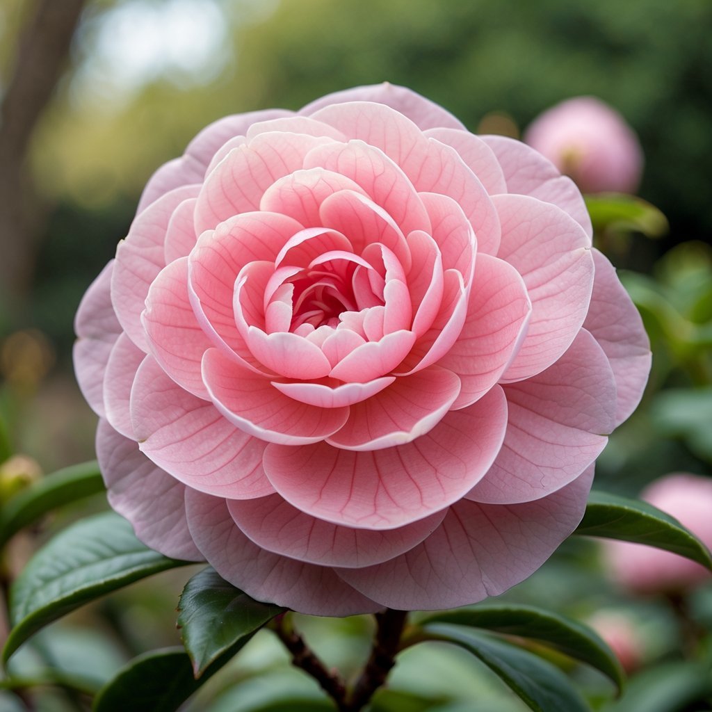 Close-up of a rare pink Middlemist Red flower with green leaves in the background.