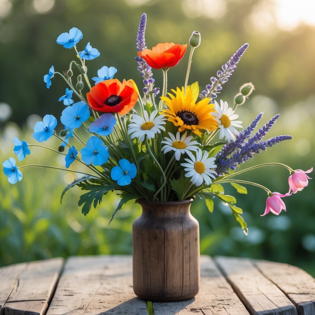 A bouquet of six different wildflowers including forget-me-nots, poppies, lavender, sunflowers, daisies, and sweet peas arranged in a wooden vase on a table outdoors with soft sunlight and green foliage in the background.