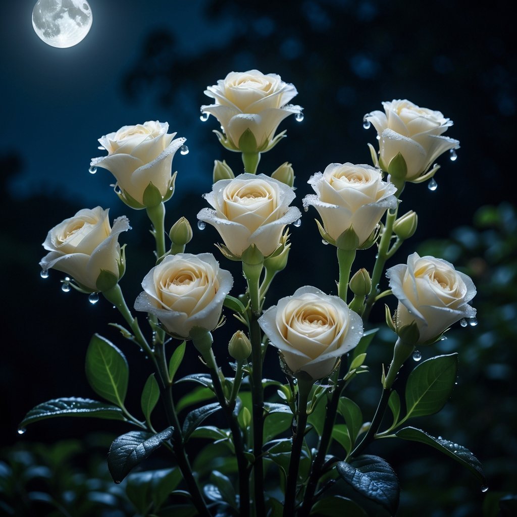 Eight white tuberose flowers blooming at night with dark green leaves and a blurred dark background.