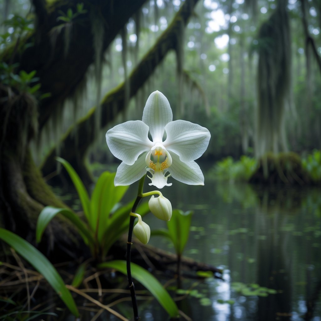 A white Ghost Orchid blooming on a mossy tree branch in a misty Florida swamp surrounded by green foliage.