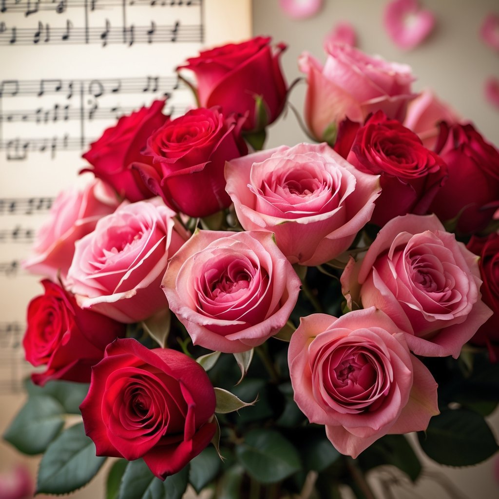 Close-up of a bouquet of red and pink roses with faint musical notes in the background.