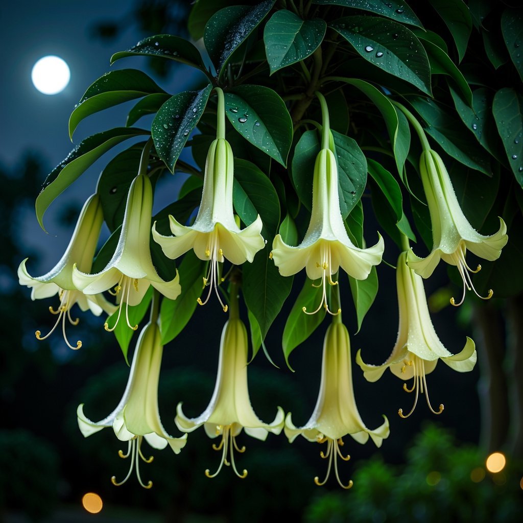 Eight large, white Angel's Trumpet flowers blooming at night surrounded by dark green leaves with dewdrops.