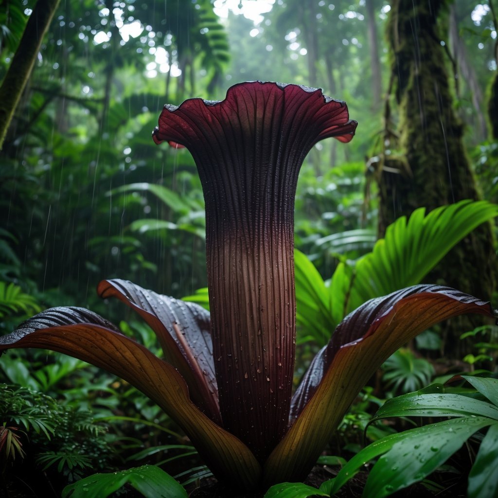 A rare corpse flower blooming in a dense rainforest with green foliage and raindrops on leaves.