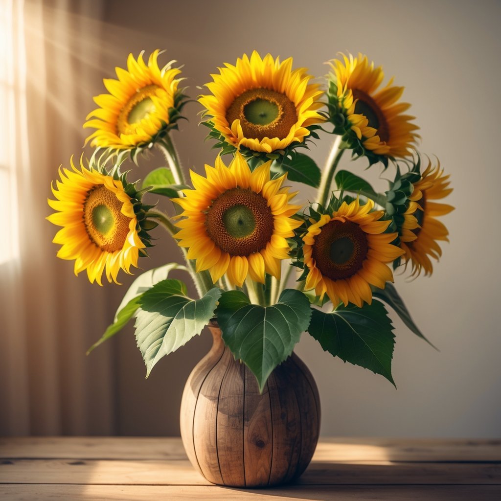 Six bright sunflowers in a wooden vase with green leaves on a softly lit background.